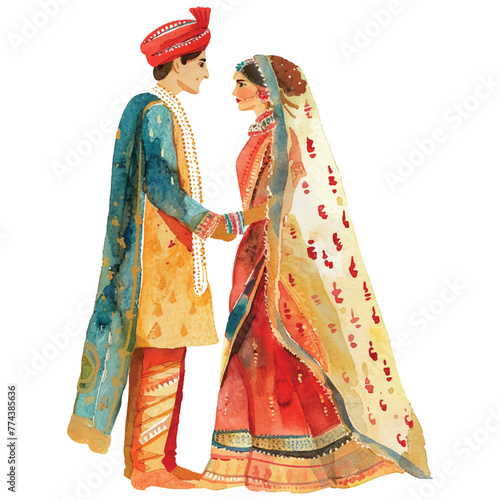 Indian couple wedding watercolor ilustration