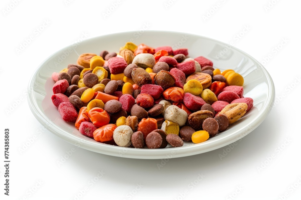 Canned pet food on white background