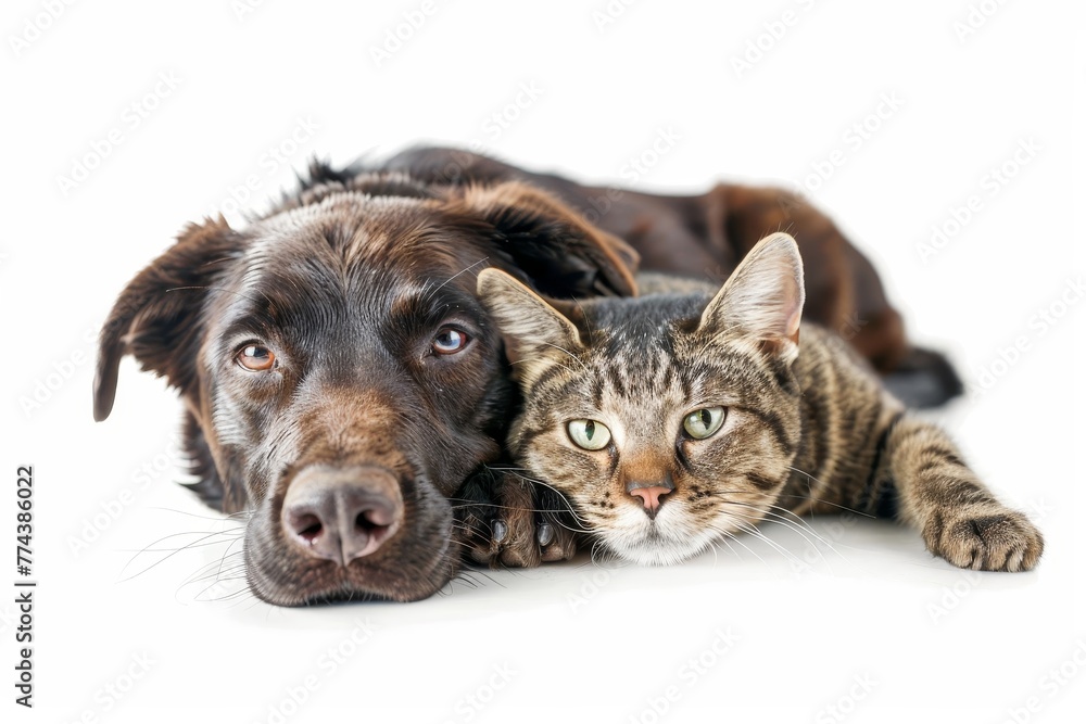 Dog hugging cat white background