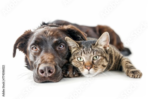 Dog hugging cat white background