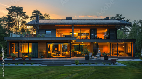 3D rendering of a modern duplex house in the evening