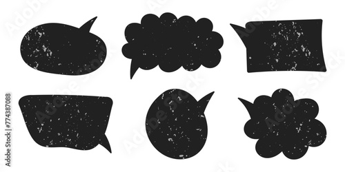 Black textured doodle speech bubbles isolated on white background. Hand drawn vintage vector elements, frames, pop-up text clouds, dialogue.