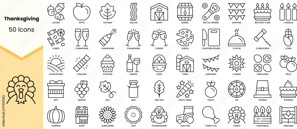 Set of thanksgiving icons. Simple line art style icons pack. Vector illustration