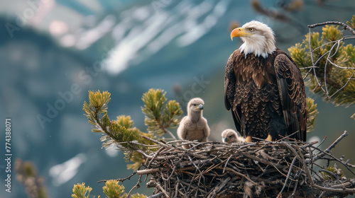 Bald eagle with chick in the nest on mountain background