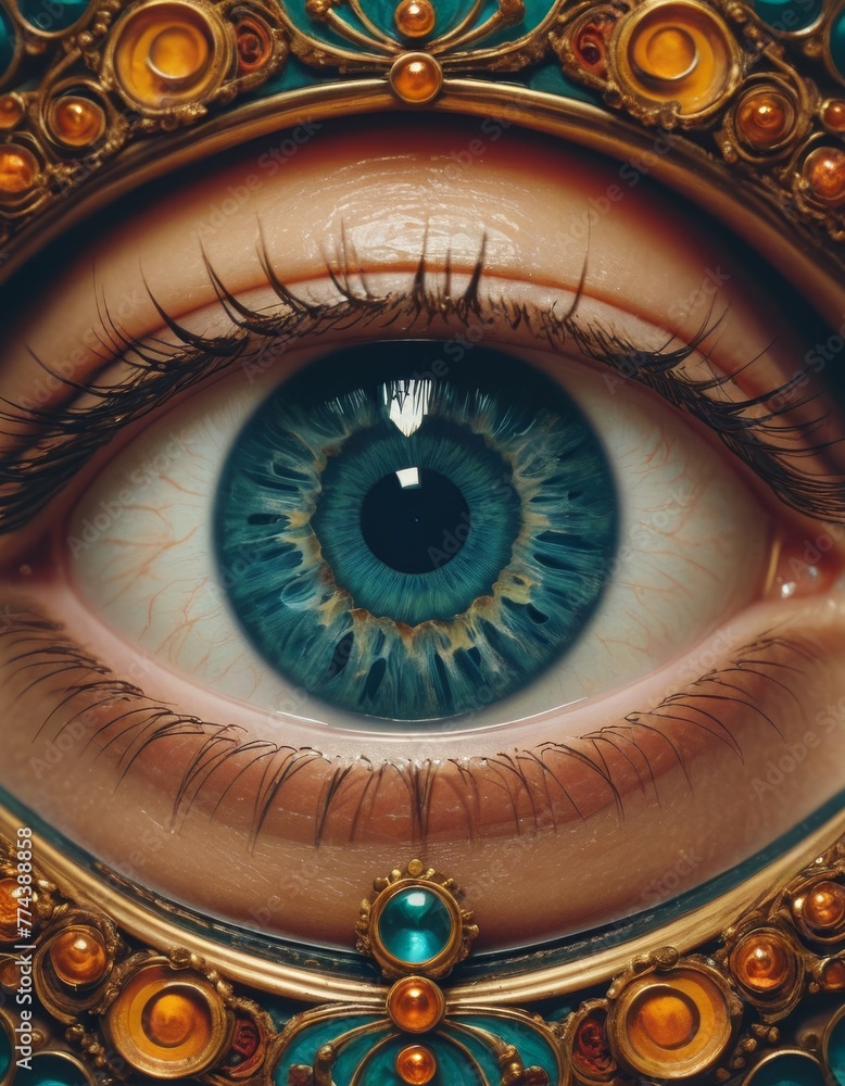 A close-up of a human eye, strikingly detailed and enhanced with ornate, jewel-encrusted embellishments that evoke a sense of fantasy and opulence.