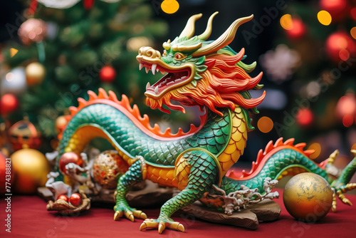 Chinese New Year. Green-gold with red wooden dragon in the background  a New Year tree decorated with toys and multi-colored lights