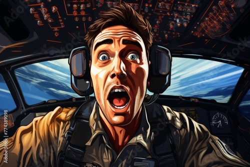 A man with his mouth agape in a cockpit, displaying a look of fear or shock. He is likely in a high-stress situation, possibly experiencing a sudden emergency or unexpected event