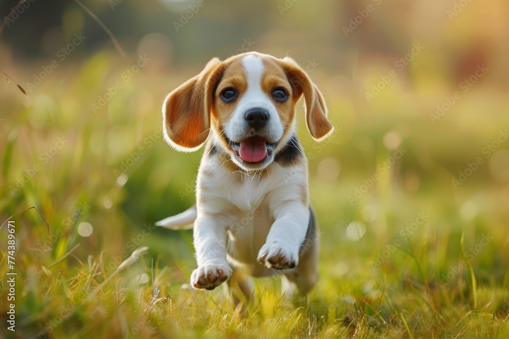 3 month old Beagle puppy happily running in meadow