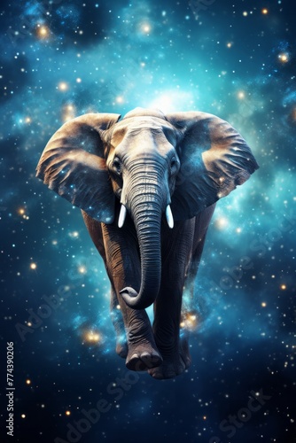 An elephant stands in the midst of a vast space filled with countless stars  shining brightly around the massive creature