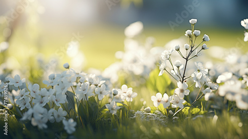 Spring natural world flowers flora and fauna. Blossoms, treesm air, sunlight warm weather birds leaves beauty. banner copy space greeting card wallpaper background. photo