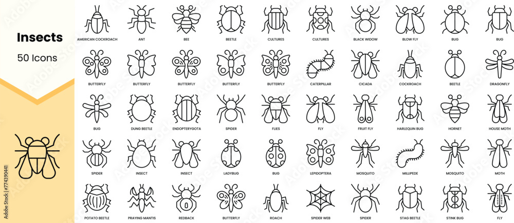 Set of insects icons. Simple line art style icons pack. Vector illustration