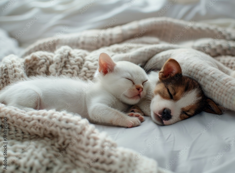A tired puppy and kitten snuggle under a warm blanket on a bed at home Text space available