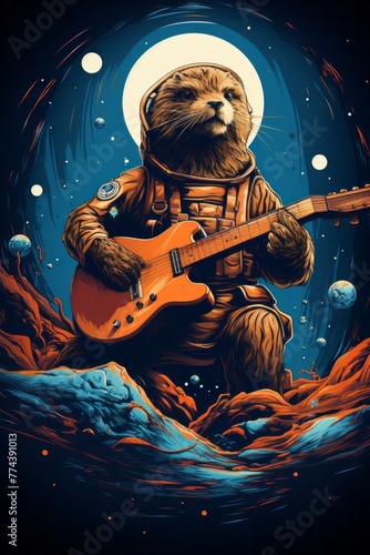 A bear standing on his hind legs, holding a guitar in his front paws, appears to be strumming the instrument with concentration