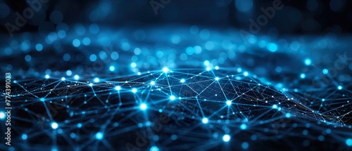 Fototapeta Naklejka Na Ścianę i Meble -  Abstract landscape of glittering nodes and particles, evoking a sense of digital connectivity or neural networks in a vast data field light on a dynami background, representing a network