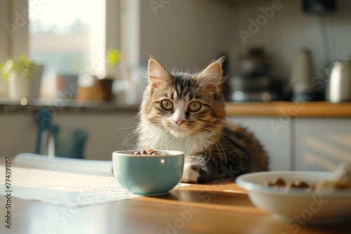 Adorable cat and bowl of food on table