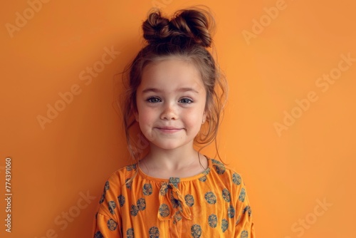 Portrait of a Happy Young Girl in Orange Dress with Playful Hair Bun. Generative AI.