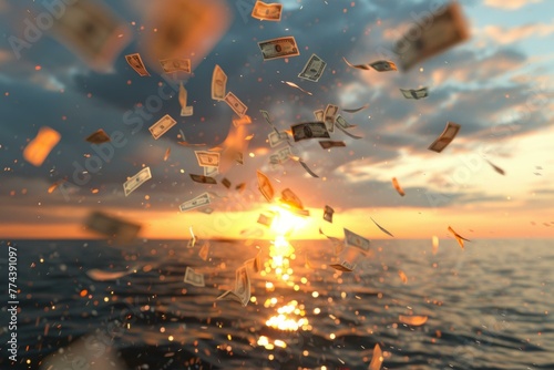 A bunch of money falling from the sky over the ocean. Generative AI. photo