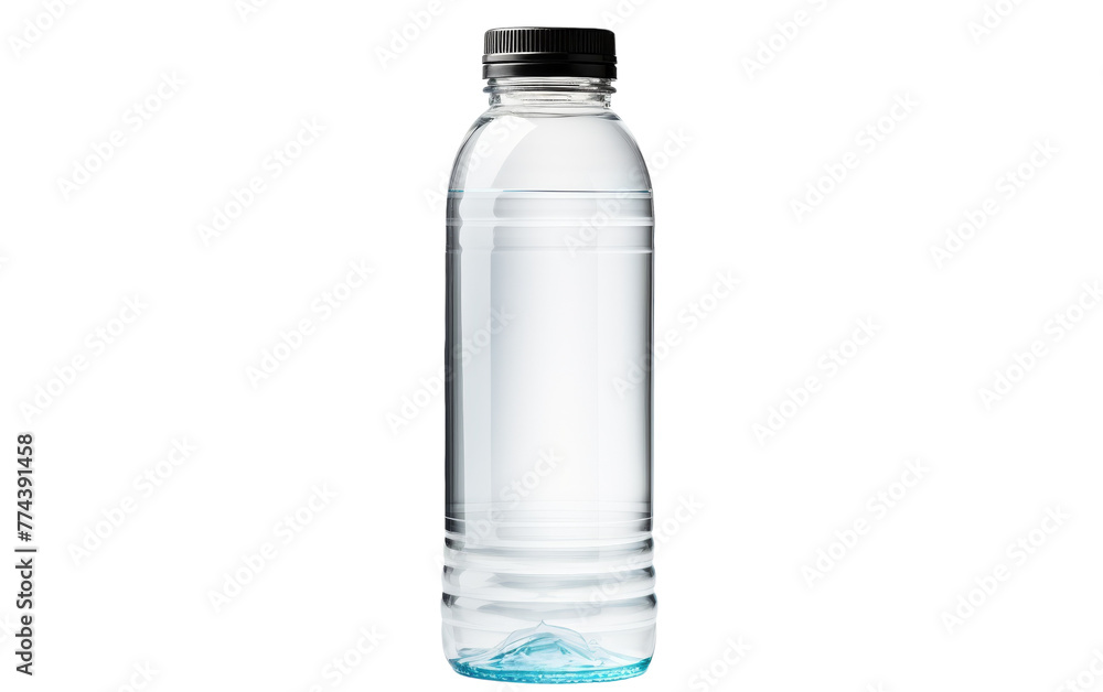 Clear water bottle with a sleek black cap sitting against a white background Clear water bottle with a sleek black cap sitting against a white background