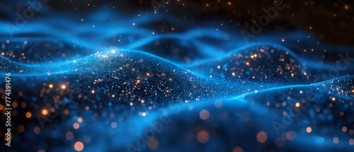 Abstract landscape of glittering nodes and particles, evoking a sense of digital connectivity or neural networks in a vast data field light on a dynami background, representing a network