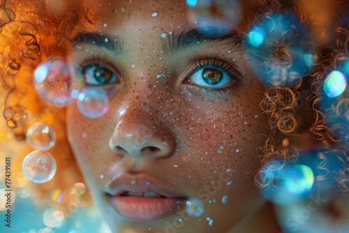 Close-up portrait of a teenager surrounded by soap bubbles and bokeh lights