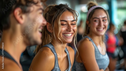 Friends Laughing and Prepping for a Group Gym Workout Generative AI © Alex