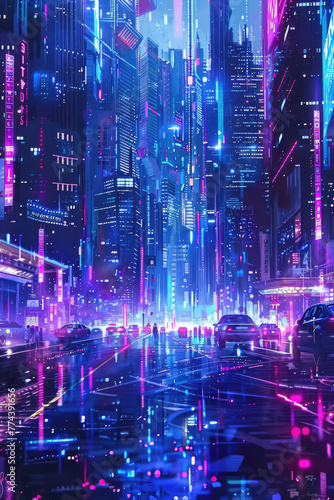 A cityscape with numerous buildings glowing brightly from neon lights, creating a vibrant and dynamic atmosphere