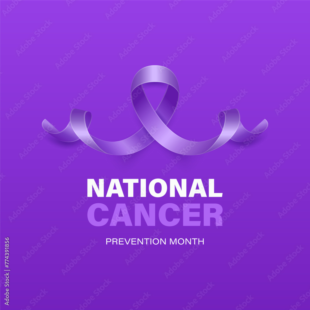 National Cancer Prevention Month, February. Banner, Card, Placard with Realistic 3D Vector Lavender Ribbon on Lavender Background. Cancer Awareness Month Symbol, Closeup. World Cancer Day Concept - obrazy, fototapety, plakaty 