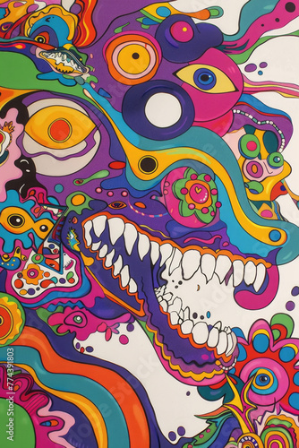 A colorful  abstract mural featuring whimsical shapes  eyes  and a wide-open mouth in a psychedelic style