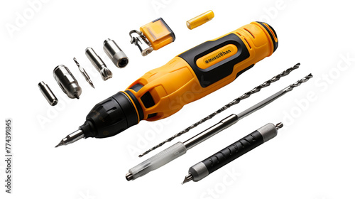 Various tools including a drill and screwdriver laid out on a white background