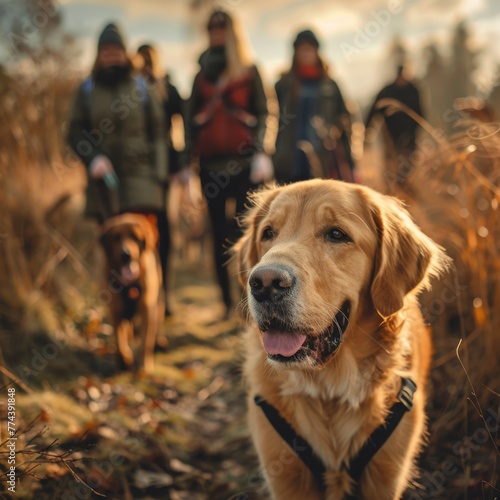 Visually impaired teenager with guide dog on a nature hike