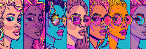 Series of pop art style illustrated faces of diverse women  each sporting unique eyewear against a colorful background