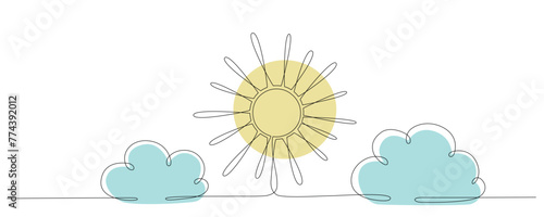 Sun and cloud - hand drawing one single continuous line banner. Vector stock illustration isolated on white background for design template weather forecast, travel blog. Editable stroke. 