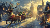 A reindeer with antlers pulling a festive sleigh through a snowy Christmas scene
