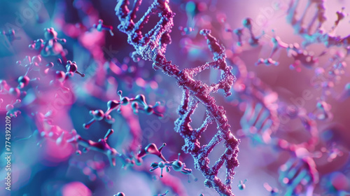 A close-up portrayal of a DNA double helix with a vibrant color gradient, representing molecular biology research