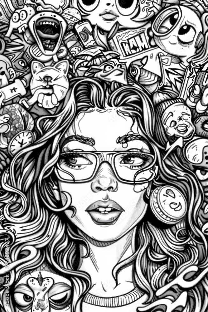 A detailed black and white illustration of charming womans face amidst a sea of cartoon-like drawings, showcasing a plethora of expressions and objects