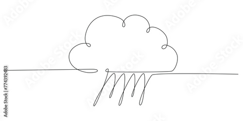 Rain and cloud - hand drawing one single continuous line banner. Vector stock illustration isolated on white background for design template weather forecast, travel blog.