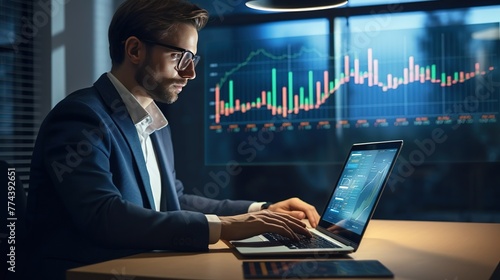 Male analyst in a business suit works at a laptop in the office, develops or analyzes charts in the field of finance, marketing, financial operations