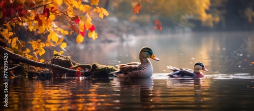 Several ducks gracefully swim in a serene lake, encircled by the vibrant hues of autumn leaves on the trees