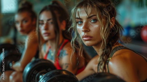 Fit Women Posing Coolly with Weights in a Gym Generative AI photo