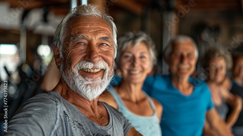 Seniors Smiling while Stretching in a Group at the Gym Generative AI © Alex