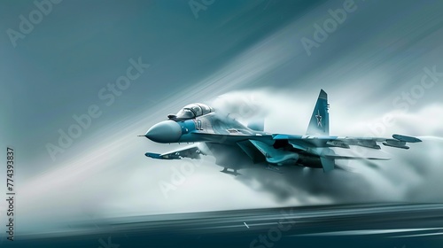 Blue su-27 performing evasive manuevers,to avoid surface-to-air missiles, stunning, photography, depth of field, midday