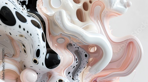  3d art piece that is made from light pink and champagne, in the style of soft and rounded forms, black and white imagery, warm color palettes, bold color blobs, playful imagery, neutral color palette