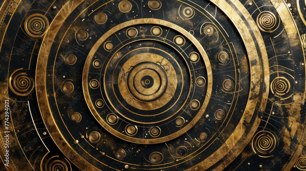 Pattern inspired by medieval astronomical armillary spheres, where concentric metallic circles represent the celestial orbits created with Generative AI Technology