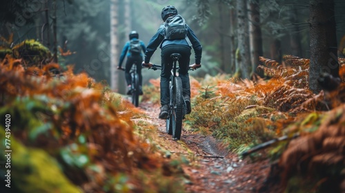Exhilarating Mountain Bike Ride Through a Lush Forest Trail Generative AI