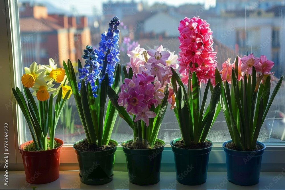 A row of pots of flowers sitting on a window sill. Generative AI.