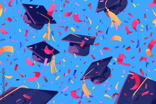 Flying graduation caps and confetti, graduation banner, illustration