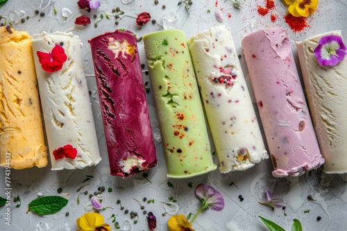 Assorted Indian ice cream in various colors and flavors viewed from above