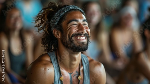 Instructor Exuberantly Laughing During Yoga Class Generative AI © Alex