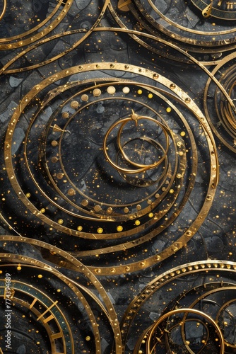 Pattern inspired by medieval astronomical armillary spheres, where concentric metallic circles represent the celestial orbits created with Generative AI Technology