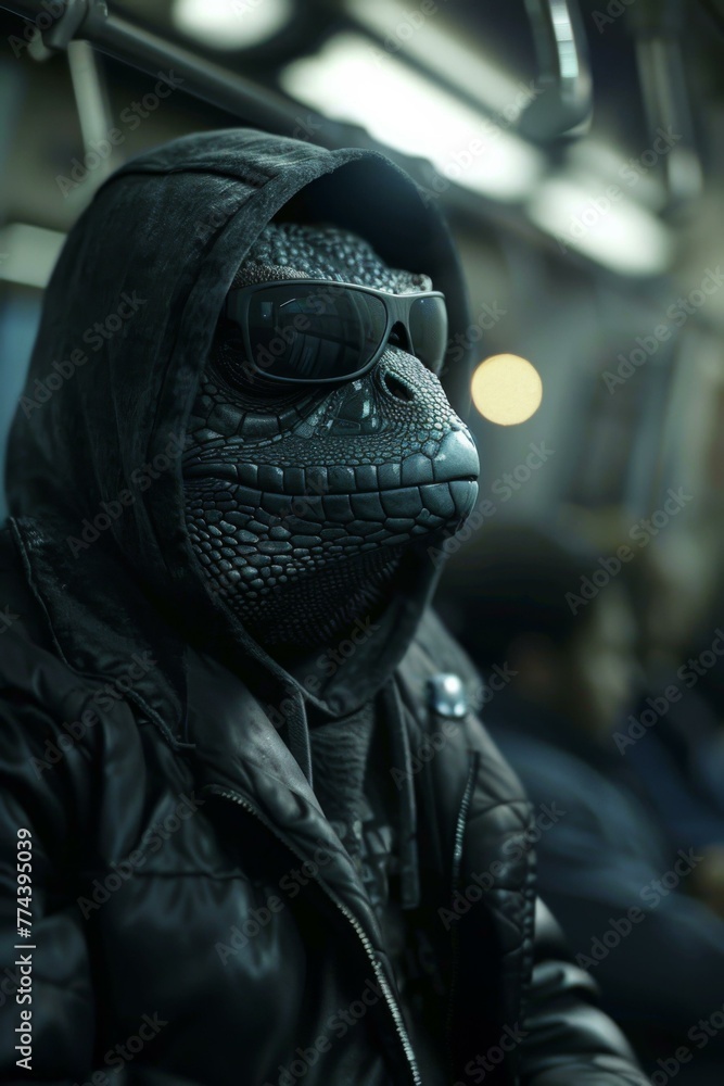 A lizard wearing a hoodie and sunglasses sitting on a train. Generative AI. A lizard wearing a hoodie and sunglasses sitting on a train. Generative AI.